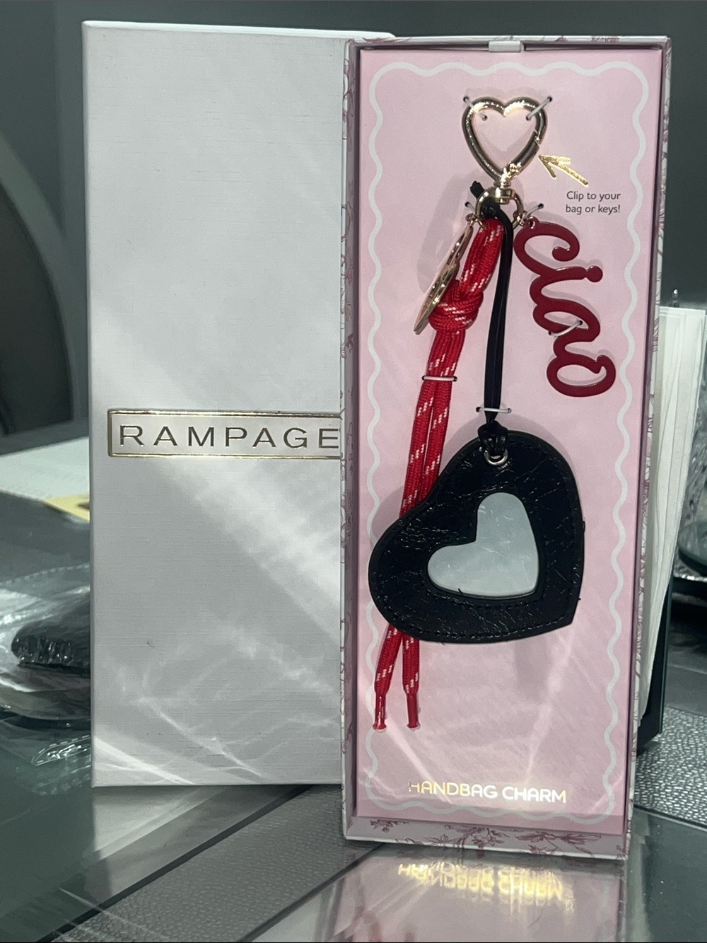 Rampage Black & Red Heart Handbag Charm with Gold Clip- new